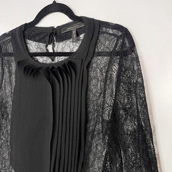 BCBGMaxazria S Black Sheer Lace 3/4 Sleeve Blouse Pleated Detail Keyhole Back - Picture 3 of 6
